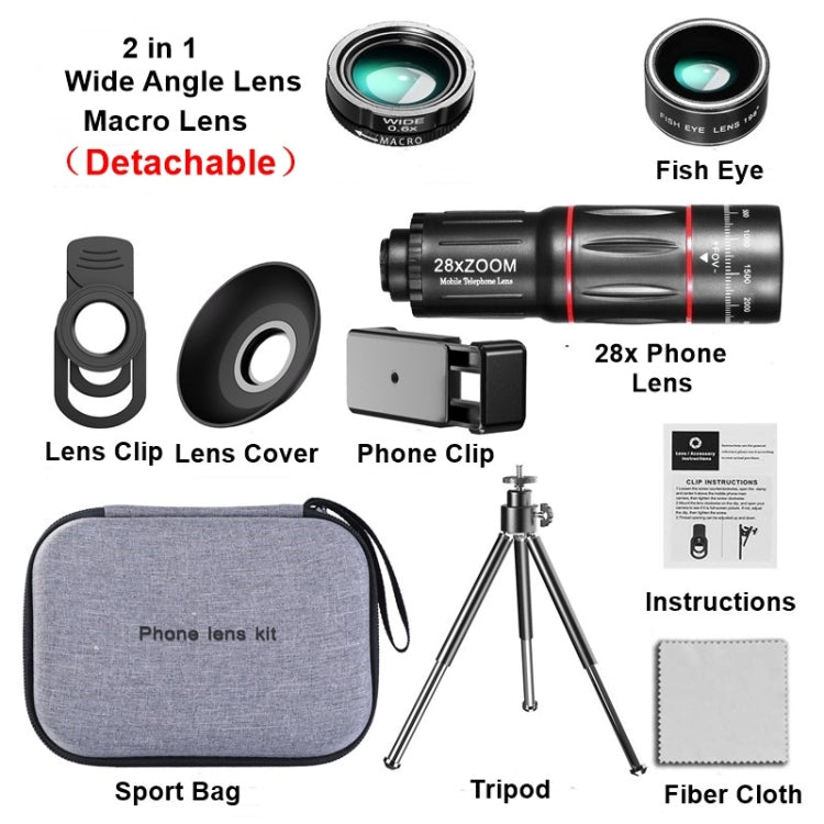 Mobile Phone Universal Lens Telescope 28X + Wide Angle 0.6X + Macro 20X + Fisheye 198 Degree Set - Combination Lens by buy2fix | Online Shopping UK | buy2fix