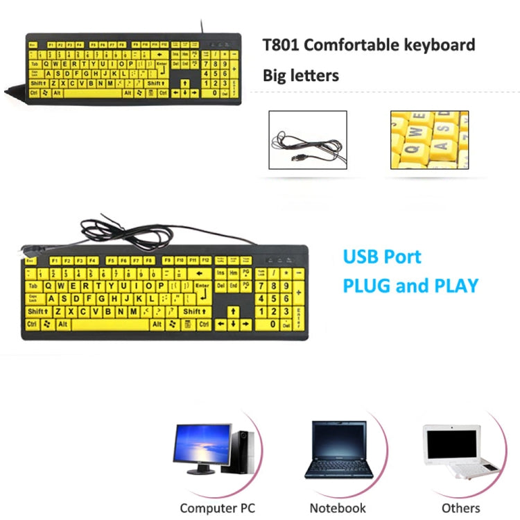 T801 104 Keys Special People Children Old Man Big Letters USB Wired Keyboard, Cable Length: 1.38m(Yellow) - Wired Keyboard by buy2fix | Online Shopping UK | buy2fix