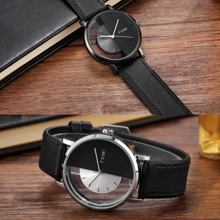 TOMI T080 Hollow Design Half See-through Unisex Quartz Watch(Black Brown Face Black Strap) - Leather Strap Watches by buy2fix | Online Shopping UK | buy2fix