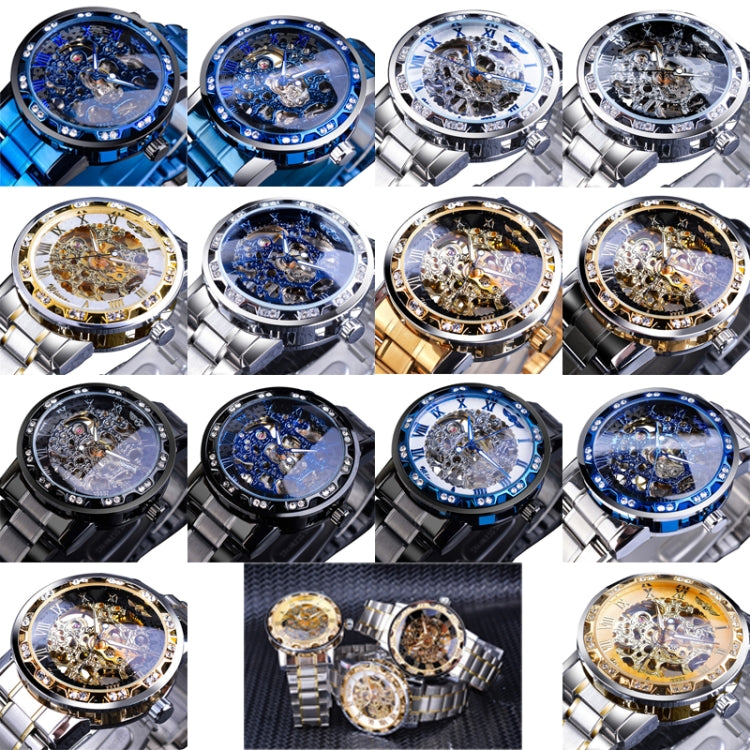 Winner Leisure Skeleton Diamond Luminous Pointer Watch Men Manual Mechanical Watch(Silver Belt Silver Shell Blue Face) - Metal Strap Watches by Winner | Online Shopping UK | buy2fix