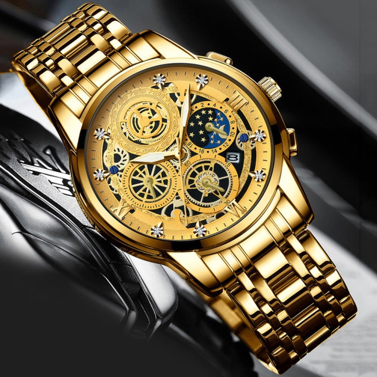 BINBOND 4010 Multifunctional Waterproof Hollowed Luminous Quartz Watch(Inter-gold Gold Surface) - Metal Strap Watches by BINBOND | Online Shopping UK | buy2fix