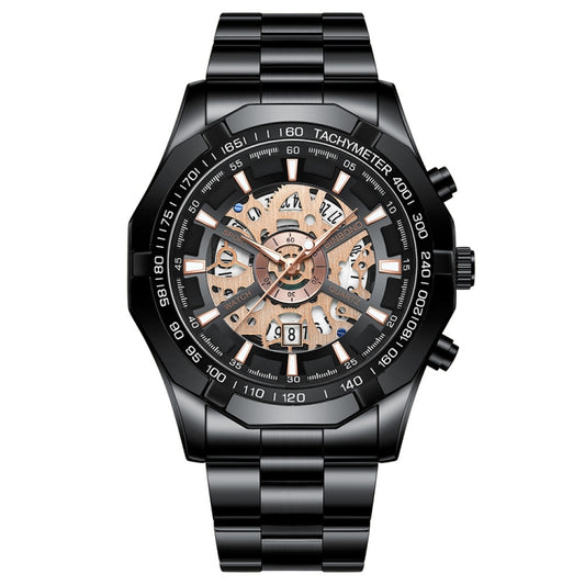 BINBOND S033 Hollowed Mechanical 30m Waterproof Luminous Quartz Watch, Color: Black Steel-Black-Rose Gold - Metal Strap Watches by BINBOND | Online Shopping UK | buy2fix