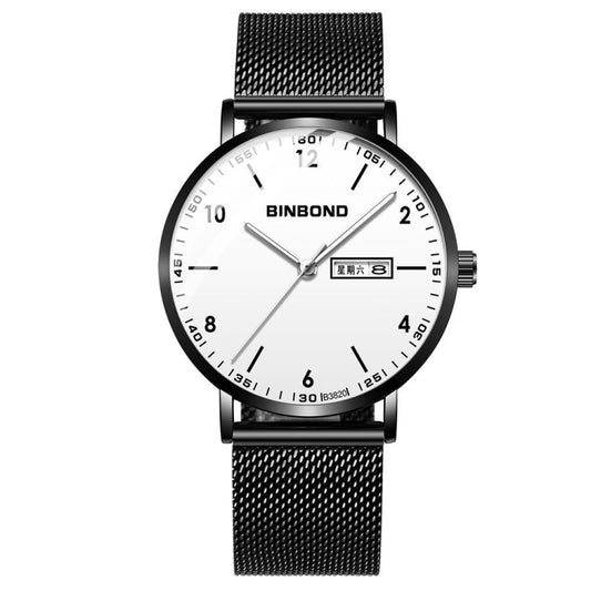 BINBOND B3820 30M Waterproof Ultra-thin Quartz Luminous Starry Watch, Color: Black Net-Black-White - Metal Strap Watches by BINBOND | Online Shopping UK | buy2fix