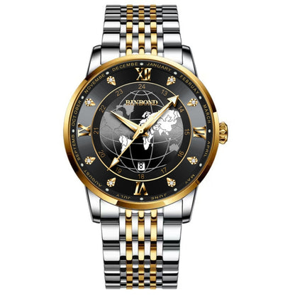 BINBOND B1117 30M Waterproof Earth Dial Butterfly Buckle Luminous Quartz Watch(Inter-gold-Black) - Metal Strap Watches by BINBOND | Online Shopping UK | buy2fix