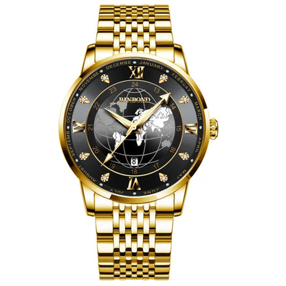 BINBOND B1117 30M Waterproof Earth Dial Butterfly Buckle Luminous Quartz Watch(Full-gold-Black-Gold) - Metal Strap Watches by BINBOND | Online Shopping UK | buy2fix