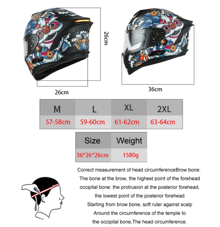 KUQIBAO Motorcycle Dual Lens Anti-Fog Helmet With LED Light, Size: XXL(Bright Black Wake Lion) - Helmets by KUQIBAO | Online Shopping UK | buy2fix