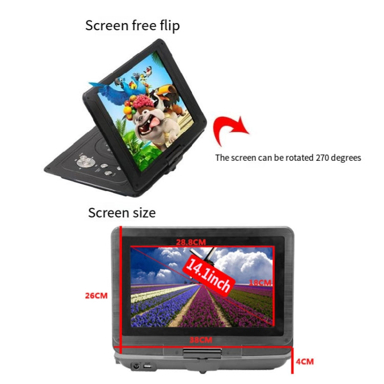 14.1-Inch Screen Portable DVD Player Support USB/SD/AV Input With Gamepad(US Plug) - DVD & LCD Player by buy2fix | Online Shopping UK | buy2fix