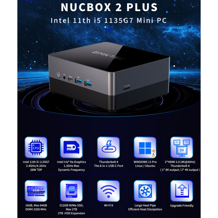 GMKTEC NUCBOX 2 Plus Windows 11 Pro/Linux/Ubuntu Mini PC, Intel 11th Tigerlake-U I5-1135G7, Quad Core 8 Thread, 2.4GHz up to 4.2GHz, 16GB+512GB, Support Bluetooth / WiFi, EU Plug - Windows Mini PCs by GMKtec | Online Shopping UK | buy2fix