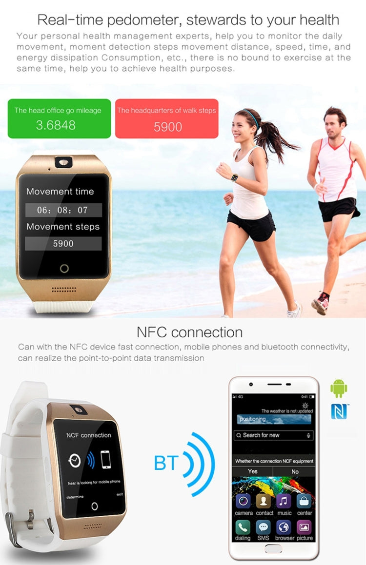 Q18S 1.54 inch IPS Screen MTK6260A Bluetooth 3.0 Smart Watch Phone, Pedometer / Sedentary Reminder / Sleeping Monitor  / Anti-Loss / Remote Camera / GSM / 0.3M Camera (White + Gold) - Smart Wear by buy2fix | Online Shopping UK | buy2fix